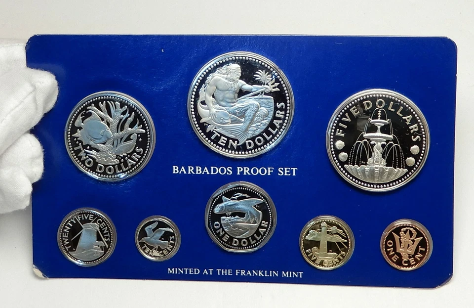 1975 BARBADOS Neptune Windmill Fountain 8 Proof Coin Set 2 are Silver i76391 - Image 1 of 3