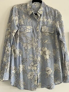 Express Medium City Hemd blau weiß gestreift Blumen Langarm Bluse Knopfleiste - Bild 1 von 5