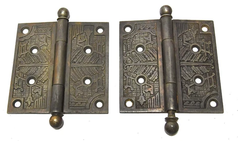 2 MATCHING EASTLAKE STYLE BRASS FINISH CANNONBALL TIP HINGES 4 x 4 C3 Cover