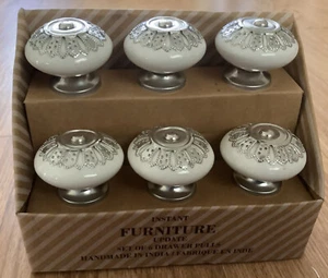 Set of 6 Furniture Drawer Pulls Color Silver & White Ceramic Elegant NEW in Box - Picture 1 of 3