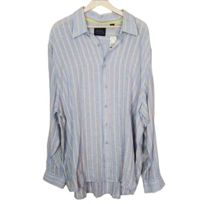 Indigo Palms Linen Button Up shirt Mens XXL Blue Orange Stripes Coastal New - Image 1 of 4