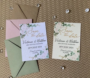 10 Luxury SAVE the DATE blush pink rose Eucalyptus WEDDING invite cards greenery - Picture 1 of 6