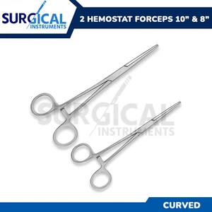 2 Pcs Set 8" + 10" Curved Hemostat Forceps Locking Clamps Stainless German Grade - Picture 1 of 5