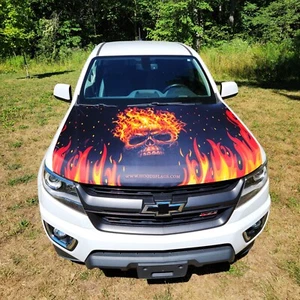 Cubierta para capó de coche calavera de fuego tamaño universal poliéster capó calavera jinete bandera EE. UU. - Imagen 1 de 8