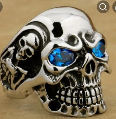 ANILLO CALAVERA HOMBRE MOTO ESTILO SS OJOS CIRCÓN AZUL PESADO SS ELIGE TU TALLA Foto 1 de 2