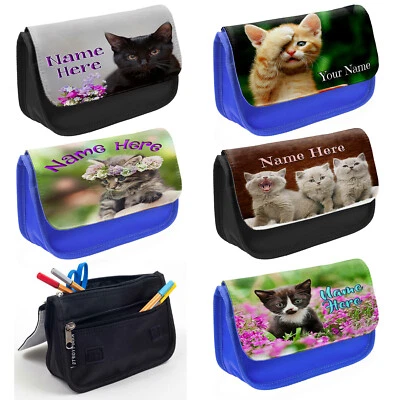 Personalised Pencil Case Cat Make Up Travel Bag Kitten Glasses Ladies Gift - Image 1 of 4