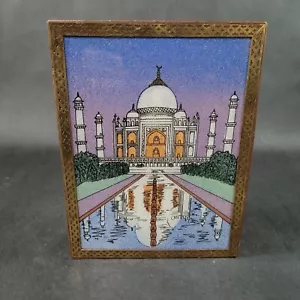 Taj Mahal Sand Art Trinket Box India Wood with Brass Hand Made Hinged Box 8x6 - Picture 1 of 11