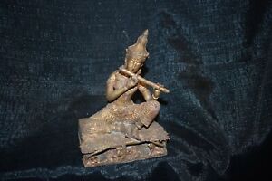 Tempelmusikant mit Flöte, Siam, Bronze, lackvergoldet, Antikpatina, 19cm