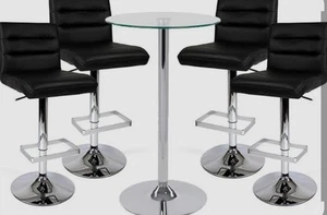 4 x Black Faux Leather Bar Stool and Glass Table Set, Adjustable Seat Height - Picture 1 of 6
