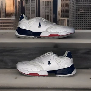 Taglia 12 - Polo Ralph Lauren Uomo Jogger Retro Sneakers Rosso Bianco e Blu - Foto 1 di 15