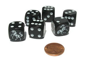 Set of 6 Unicorn 16mm D6 Round Edge Animal Dice - Black with White Pips - Picture 1 of 1
