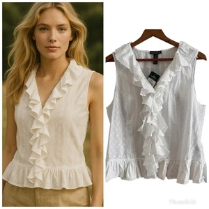 Ralph Lauren Ruffled Eyelet Blouse Top sz XL Lace Old Money Quiet Luxury Whimsy - Picture 1 of 13
