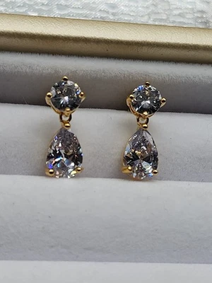 14K Gold Plated 7 tcw Drop Earrings Round Pear Lab Simulated Diamonds Sparkle - Image 1 of 4