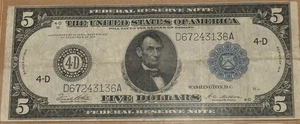 1914 $5 FEDERAL RESERVE NOTE CLEVELAND, OHIO- WHITE/MELLON - Picture 1 of 8