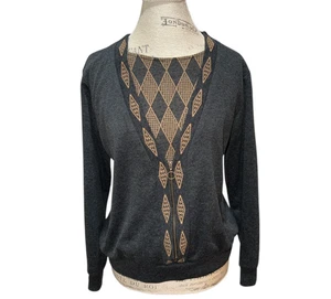 Alfred Dunner Black & Tan Faux 2 Piece Knit Zip Cardigan w/ Herringbone Shell LP - Picture 1 of 9