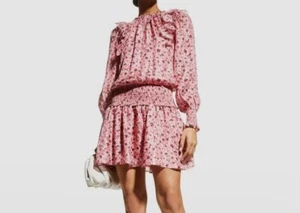 $445 Ramy Brook Women's Pink V-Neck Penelope Floral Ruffle Mini Dress Size L - Picture 1 of 5