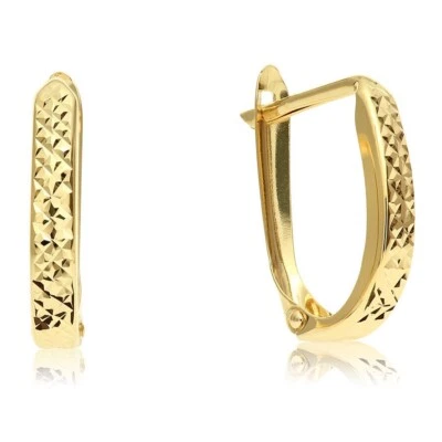 14K Real Solid Gold Oval Diamond-Cut Huggie Hoop Earrings Handmade Fine Jewelry - Image 1 of 4