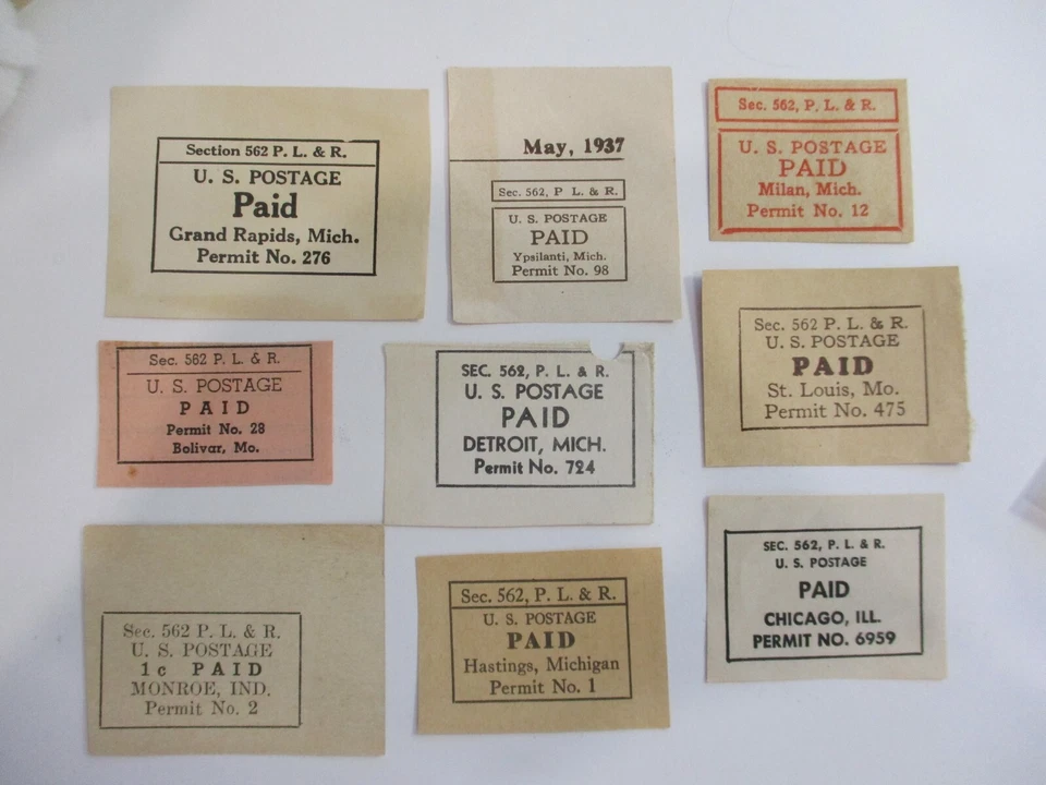 CUT CORNERS   "9   DIFFERENT  PRINTED CUT CORNERS MAILING PERMITS 1937". - Image 1 of 1