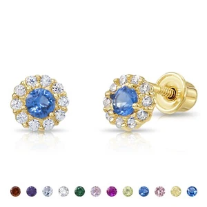 14K Real Solid Gold Round Halo Birthstone CZ Sleeper Studs Earrings Screw-back - Picture 1 of 54