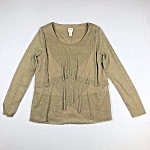 Chicos Tiered Stretch Blouse Womens Small (1) Gold Metallic Sheer Sleeves - Picture 1 of 6