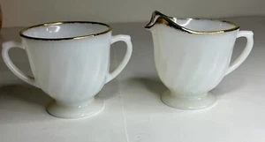 Vintage Anchor Hocking Fire King Swirl Milk Glass Gold Rim Cream and Sugar MCM - Picture 1 of 6