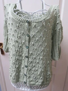 Vintage Hand Knit Ladies Cardigan Plus Size Green 3/4 Sleeve Textured Pointelle - Picture 1 of 4