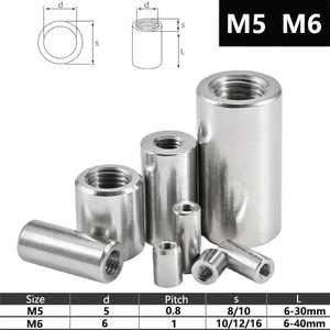 M5 M6 STAINLESS STEEL THREADED SLEEVE ROD BAR STUD ROUND CONNECTOR NUT LONG NUTS - Picture 1 of 5
