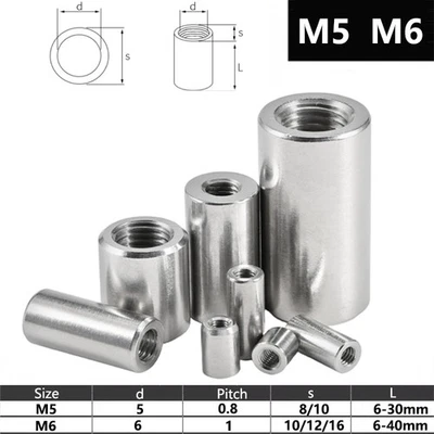 Gewindemuffen M5 M6 Rund Verbindungsmutter Langmutter Edelstahl V2A - Bild 1 von 4