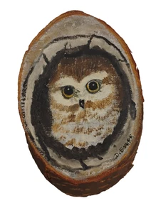 Arte da parete gufo bambino vintage dipinto a mano su fetta di legno firmato - Foto 1 di 5