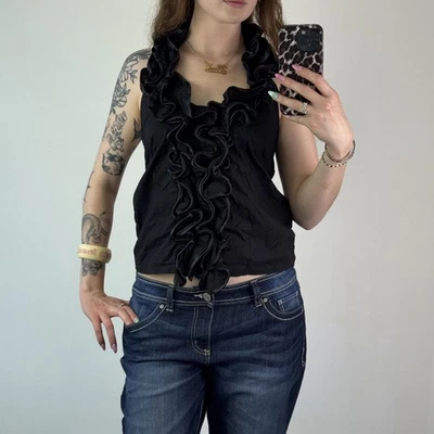 Y2K vintage ruffle v neck tank top big frilly neckline - Image 1 of 4