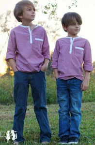 Boys WDW Well Dressed Wolf Red Microcheck Donald Shirt Collarless Top sz 7 VGUC - Picture 1 of 9