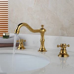 Gold 3PCS Swan Neck Shape Bathroom Sink Faucet Dual Hanle Basin Mixer Tap - Picture 1 of 9