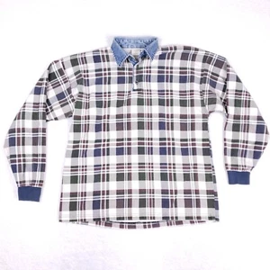 Structure Plaid Rugby Shirt Denim Collar L Multicolor Grunge Preppy VTG 90s USA - Picture 1 of 8