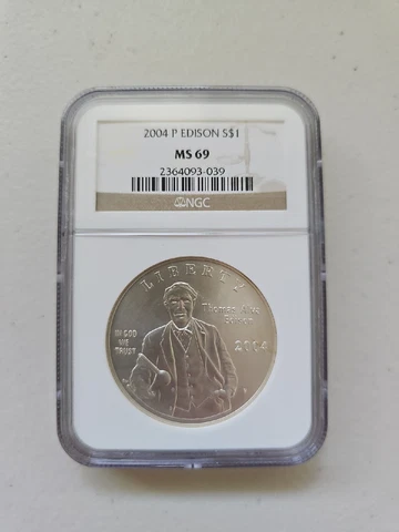 2004 P $1 NGC MS69 Thomas Alva Edison  Dollar 90% Silver $1 Coin MS-69 MS 69 Cover