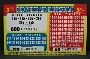 Tarjeta de letrero vintage de 5 quilates roja blanca y azul tablero perforado ganador disco de pago premio superior - Imagen 1 de 1