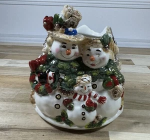 Christmas Snowman Family Ceramic Candle Jar Shade Topper Home Interiors - Picture 1 of 2