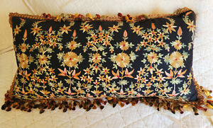 NWT Black & Colorful FLORAL CREWEL EMBROIDERY Throw PILLOW Tassels 25" x 13.5"