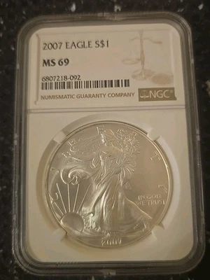 American Silver Eagle 2007 como nuevo 69 dólar de plata ASE etiqueta marrón Foto 1 de 2