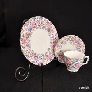 Crown Staffordshire Trio Cup Saucer Plate Springtime 1930-1974 Pink Blue w/Gold - Picture 1 of 12