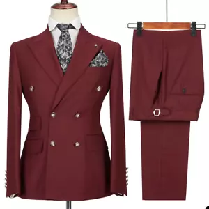 Burgunderrot Business Herren Anzüge Slim Fit Formell Abschlussball Zweireiher Maßanfertigung - Bild 1 von 8