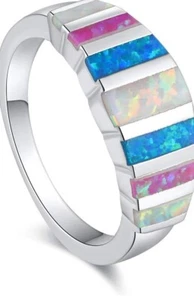 Rectangular Multicolor Created Fire Opal Silver Plated Fashion Jewelry Rings... - Picture 1 of 3