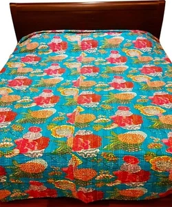 Indian Blanket Handmade Bedsheet Kantha Quilt Bedcover Fruit Print Bedspread - Picture 1 of 2