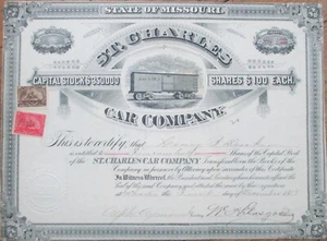 St. Charles Car Company 1888 Stock Certificate, Railroad Car Maker MO Missouri - Imagen 1 de 1