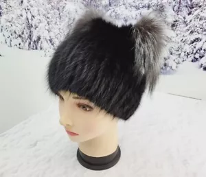Cappello invernale in vera pelliccia nera beanie da donna orecchie da gattino cappello da neve - Foto 1 di 9