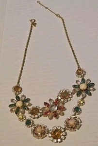 Vintage Ann Taylor Gold Tone Floral Multi Layer Color Rhinestone Necklace Daisy - Picture 1 of 12