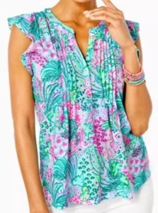 NWT Lilly Pulitzer Golda Top Celestial Blue Cay to My Heart Sleeveless Ruffle M! - Picture 1 of 6