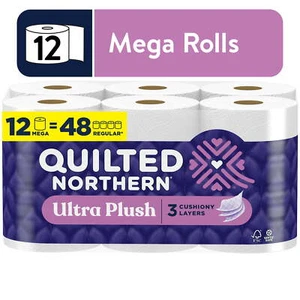 Mega,Quilted Northern Ultra Plush 3-Ply Toilet Paper, 12 Mega Rolls,Pulp - Picture 1 of 13