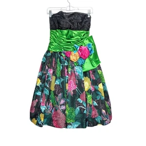Lillie Rubin Vintage 80's Black Green Floral Print Strapless Party Dress Size 4 - Picture 1 of 11