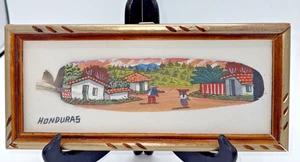 VTG Hand Painted/Framed Feather Art Honduras Village Scene Wall Decor 10.75"X5" - Picture 1 of 10