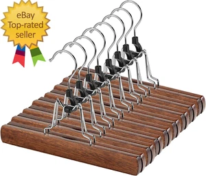 12 Pack Wooden Pants Hangers with Clips Non Slip Skirt Hangers Walnut Trouser Cl - Picture 1 of 12